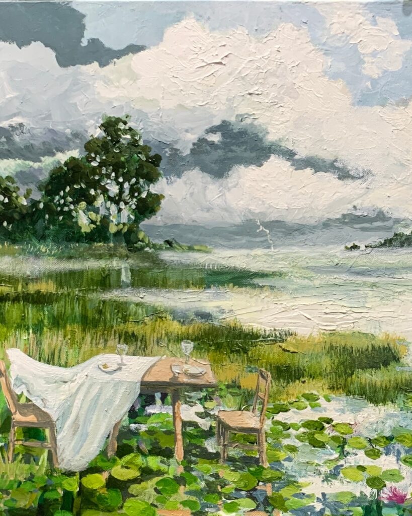 Contemporary landscape painting by Jacqui Brown featuring an outdoor setting with table and chairs in a lush Southern Highlands scene