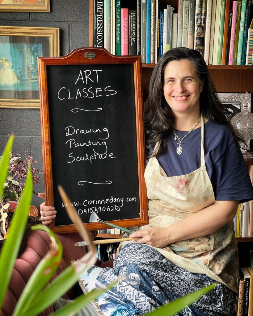 Corinne Dany in her studio promoting art classes in drawing, painting and sculpture in the Southern Highlands