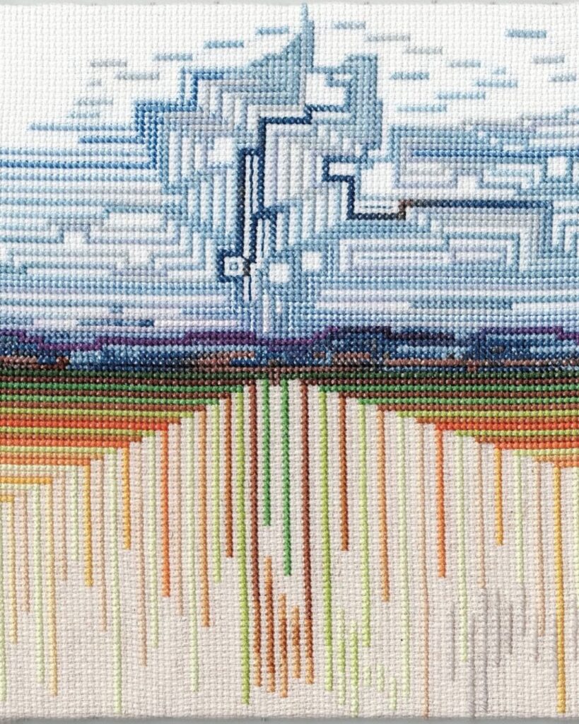 Contemporary textile artwork by Kate Tribe featuring embroidered landscape with geometric stitching and layered pattern
