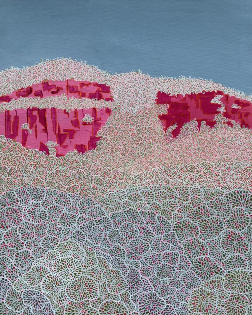 Abstract painting by Natalie Will featuring layered lace-like patterns and pink tones