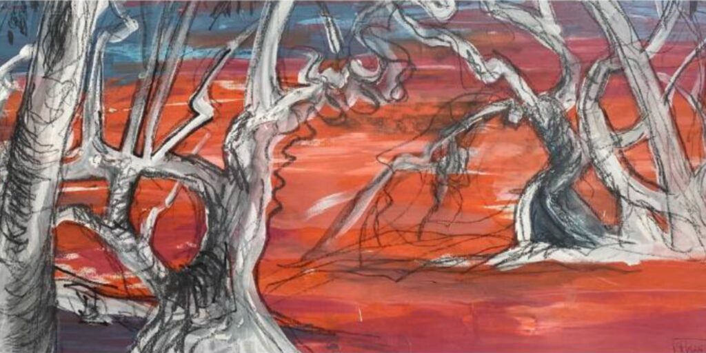 Crazy Gums by Poss Keech, expressive painting of twisted gum trees against a vivid red sky, featured in Balmain art exhibition April 2026