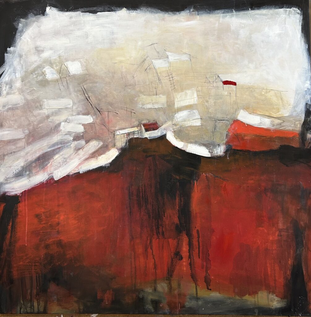 Abstract landscape painting by Roxanne Lillis with gestural lines and bold red foreground, evoking architectural forms in a contemporary style