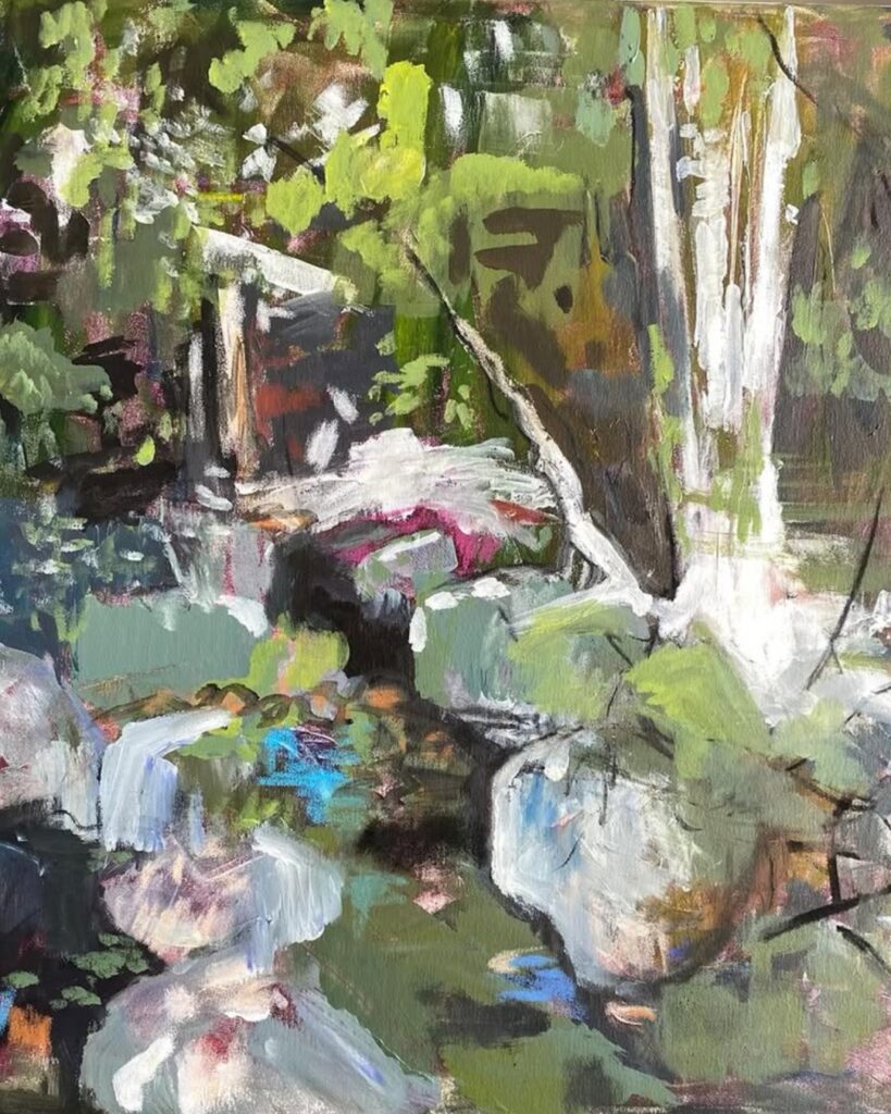 Contemporary landscape painting by Poss Keech with green foliage, abstract rocks and layered textures inspired by nature
