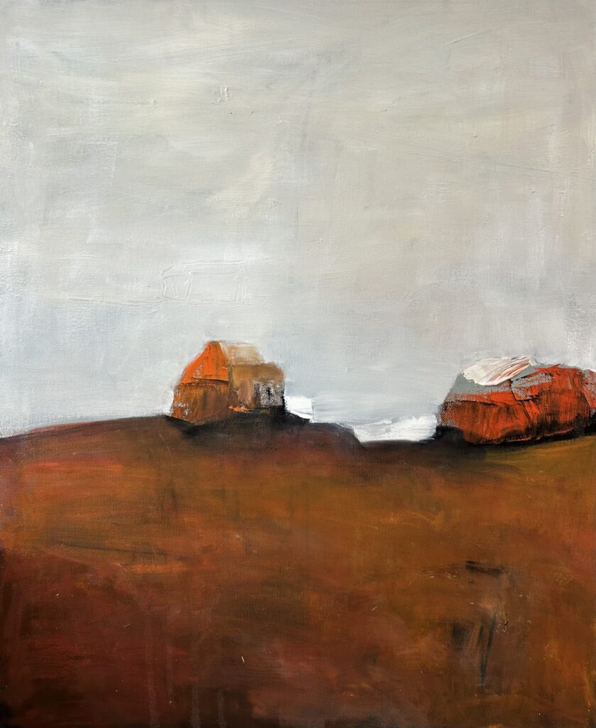 Abstract landscape painting by Roxanne Lillis with gestural lines and bold red foreground, evoking architectural forms in a contemporary style