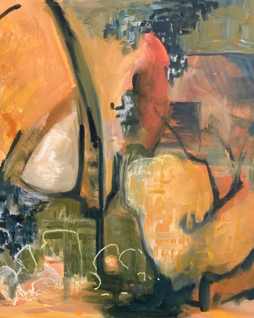 Abstract contemporary painting by Poss Keech featuring warm ochre tones, organic shapes and expressive brushwork