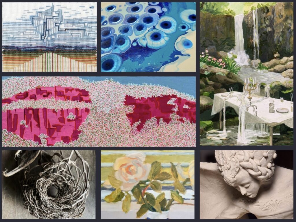 Composite banner featuring artworks by seven Southern Highlands artists in the Seven Seasons exhibition at Bowral Art Gallery