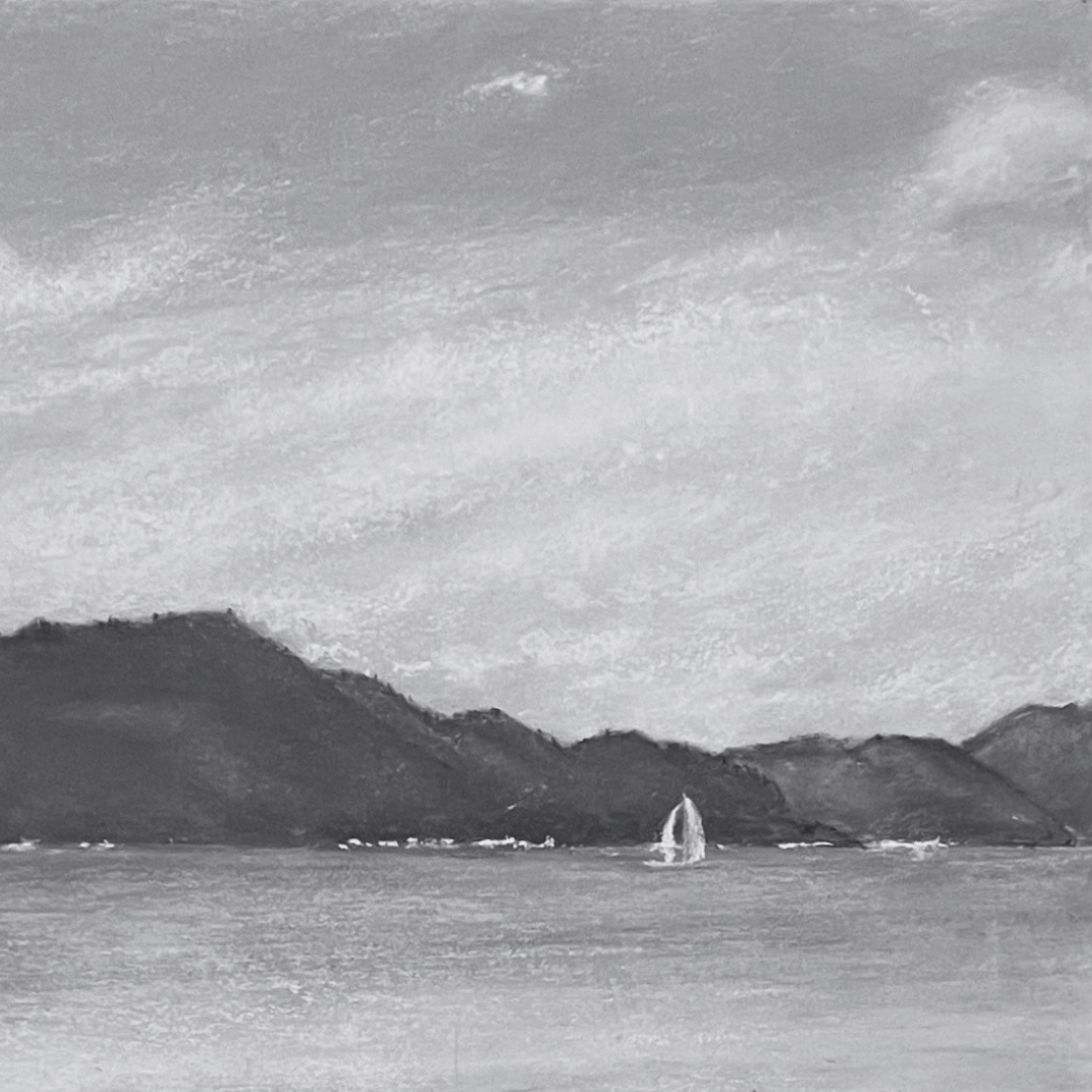 Atmospheric landscape painting by Southern Highlands artist Janie Miller featuring distant hills, soft water reflections and a sailboat beneath a muted sky.