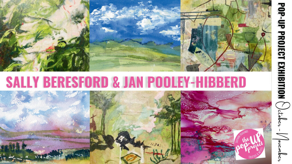 Art exhibition banner featuring works by Sally Beresford and Jan Pooley-Hibberd at Centennial Vineyards in the Southern Highlands.
